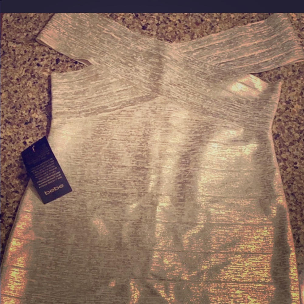 Metallic gold off shoulder bodycon dress. NWT